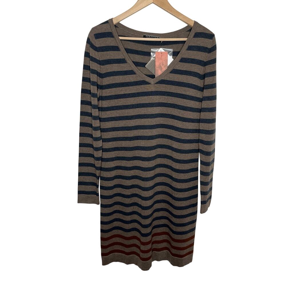 Peruvian Connection Women Pomata Sweater Dress M Brown Stripe Pima Cotton V Neck